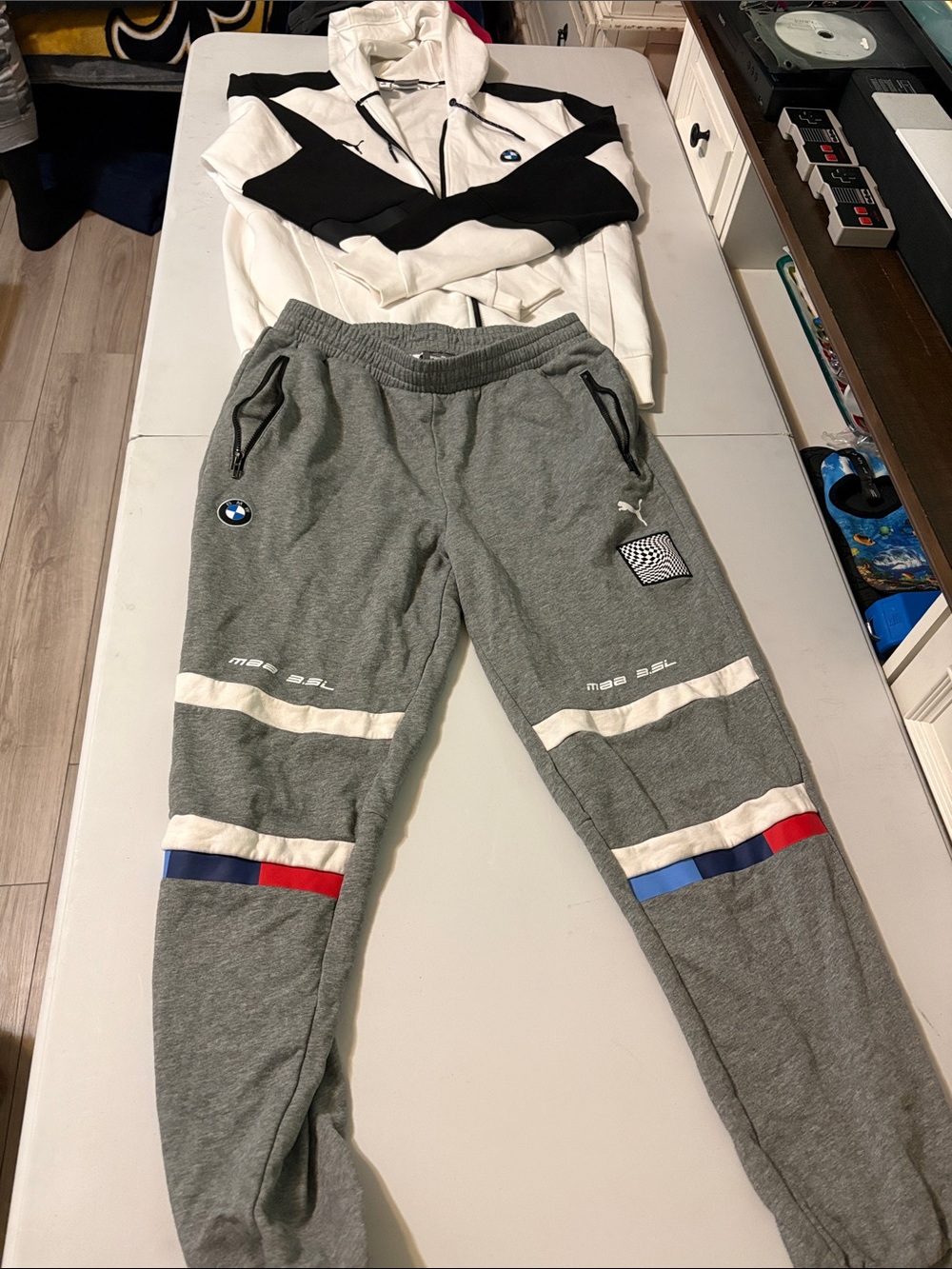 Puma Men's Grey Joggers with Blue and Red Stripe Accents